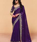 Purple faux organza satin saree with embroidery