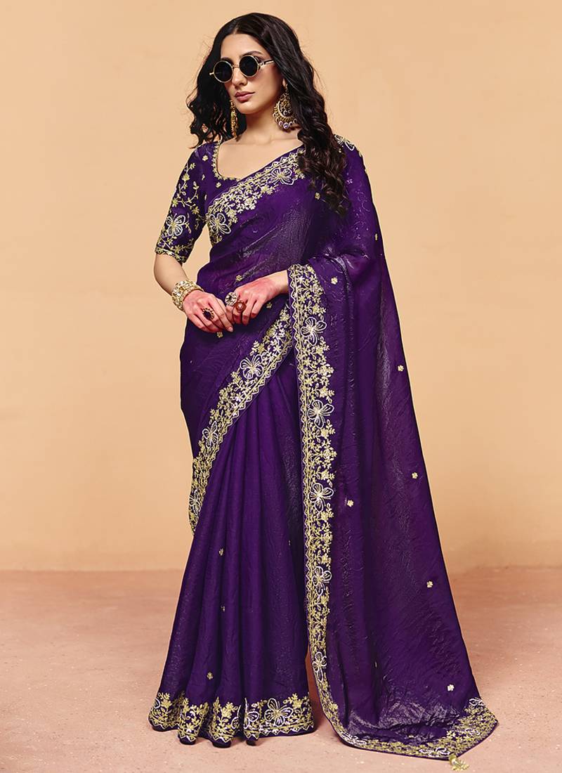 Purple faux organza satin saree with embroidery