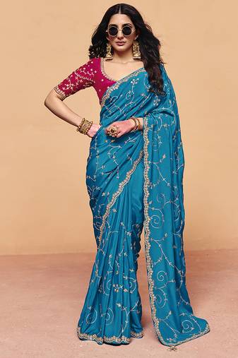 Aqua blue faux organza satin saree with embroidery