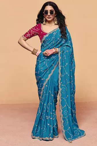 Aqua blue faux organza satin saree with embroidery