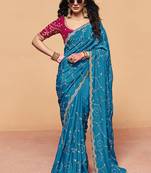 Aqua blue faux organza satin saree with embroidery
