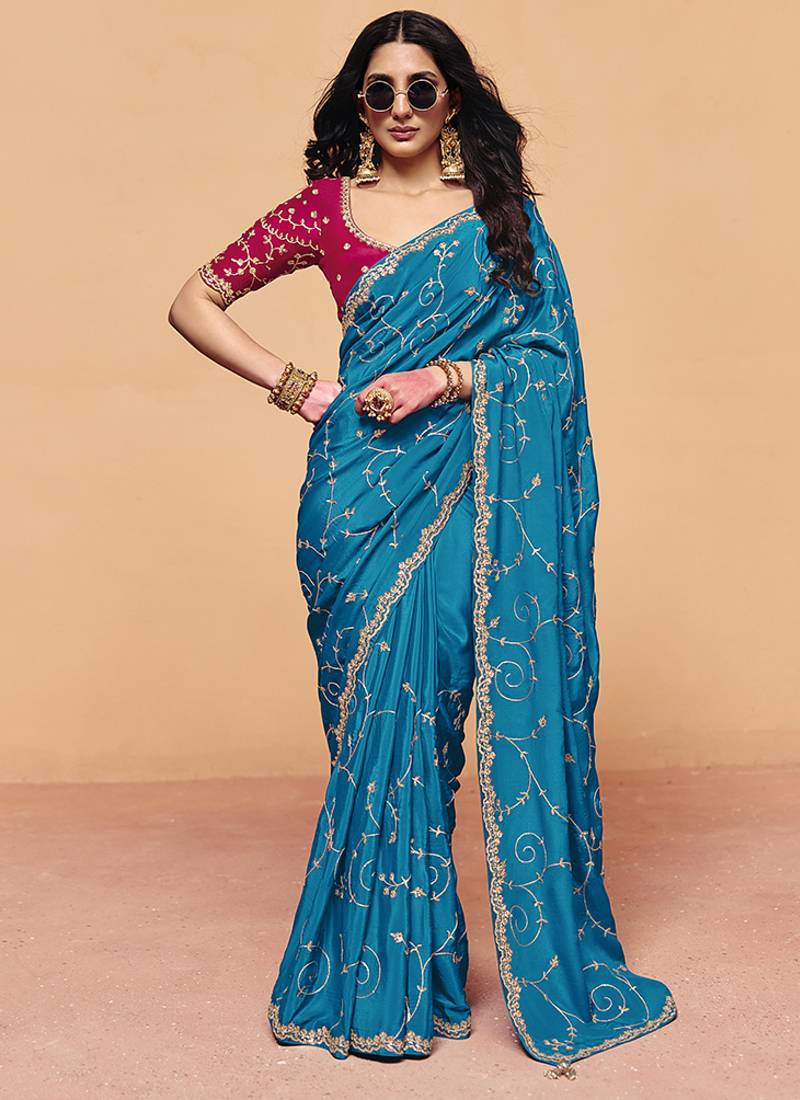 Aqua blue faux organza satin saree with embroidery