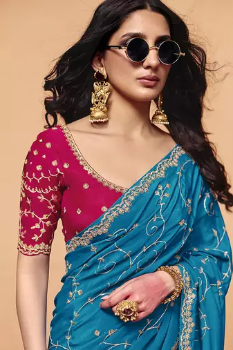 Aqua blue faux organza satin saree with embroidery