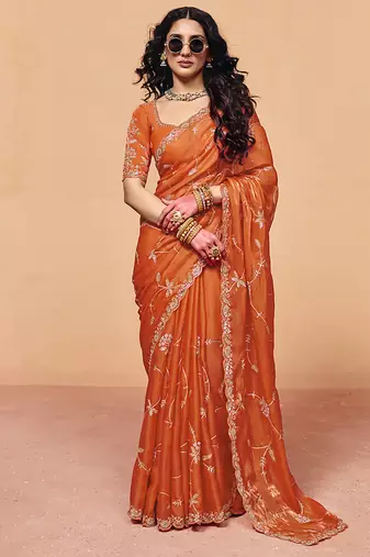 Orange faux organza satin saree with embroidery