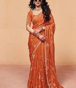 Orange faux organza satin saree with embroidery