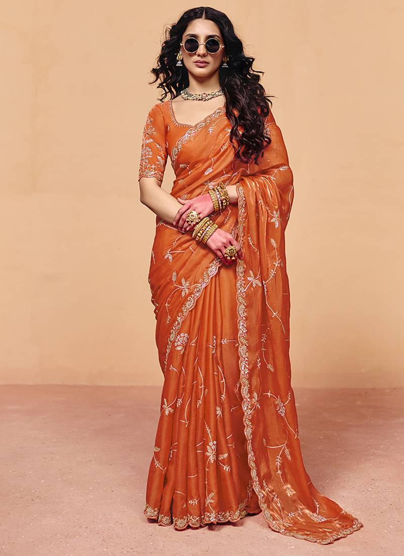 Orange faux organza satin saree with embroidery