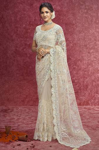 Off white net embroidered work saree