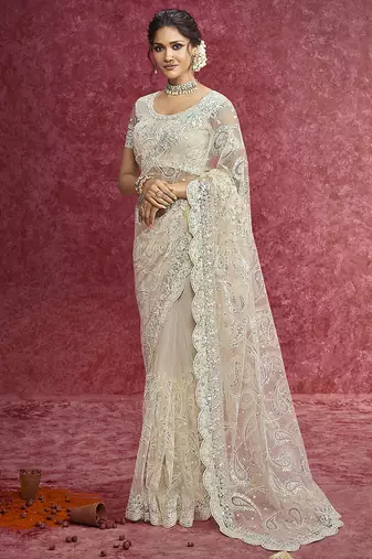 Off white net embroidered work saree