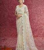 Off white net embroidered work saree