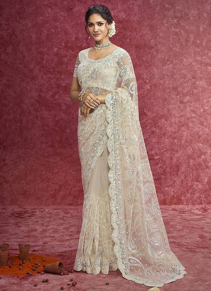 Off white net embroidered work saree