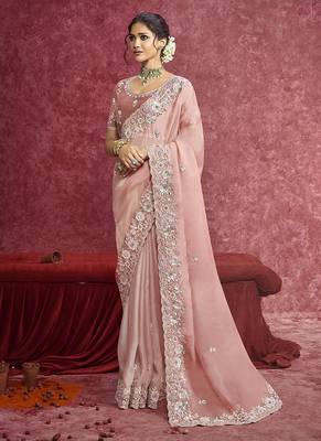 Peach satin silk blend embroidered work saree 1