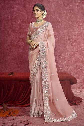 Peach satin silk blend embroidered work saree