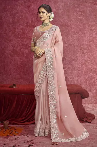 Peach satin silk blend embroidered work saree