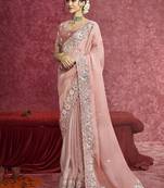Peach satin silk blend embroidered work saree