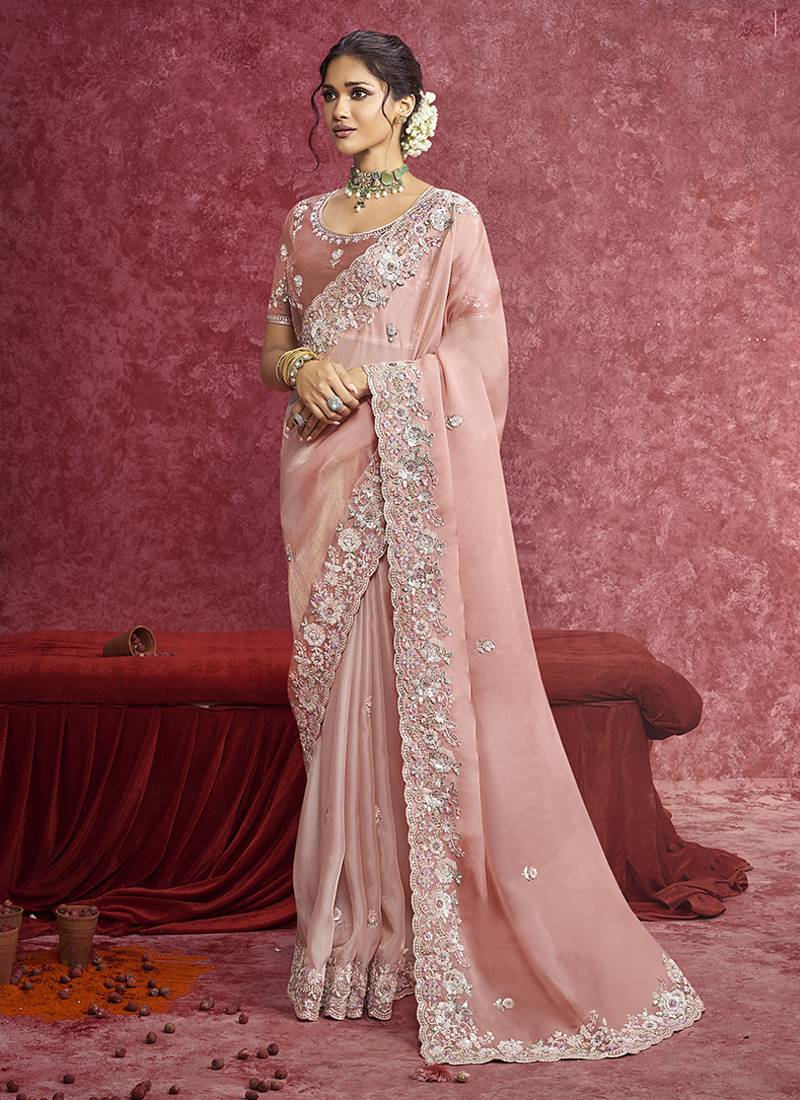 Peach satin silk blend embroidered work saree