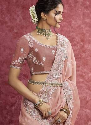 Peach satin silk blend embroidered work saree 2