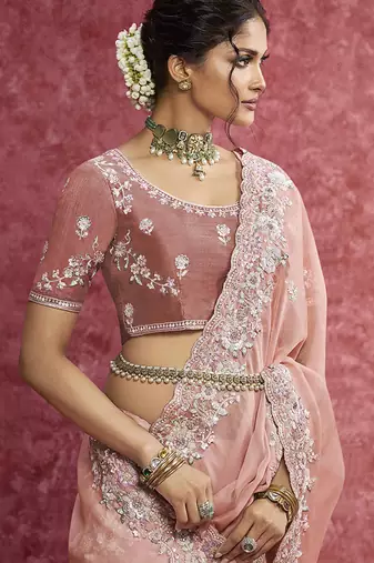 Peach satin silk blend embroidered work saree
