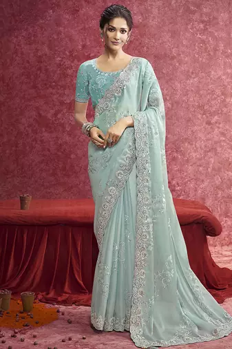Sky blue satin silk blend embroidered work saree