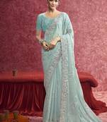 Sky blue satin silk blend embroidered work saree