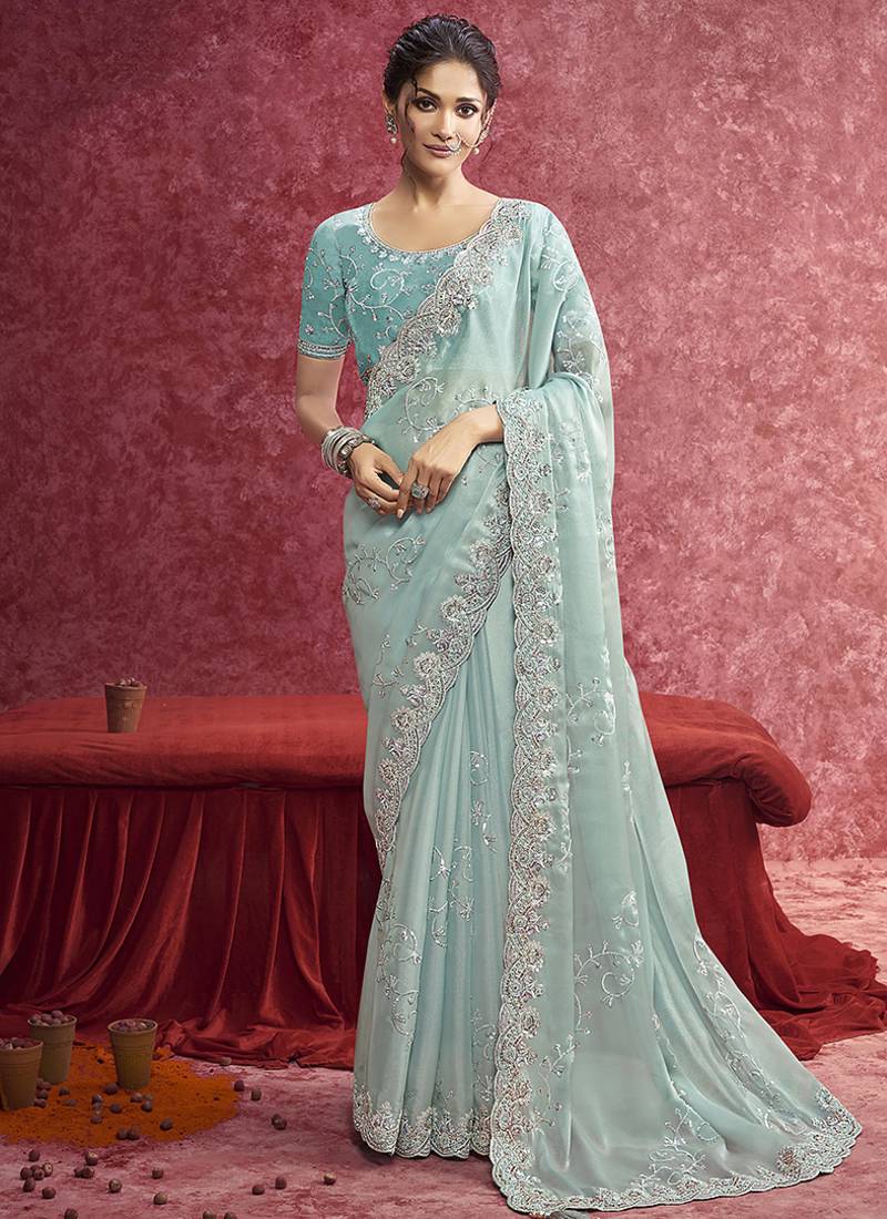 Sky blue satin silk blend embroidered work saree