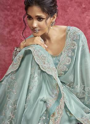 Sky blue satin silk blend embroidered work saree 2