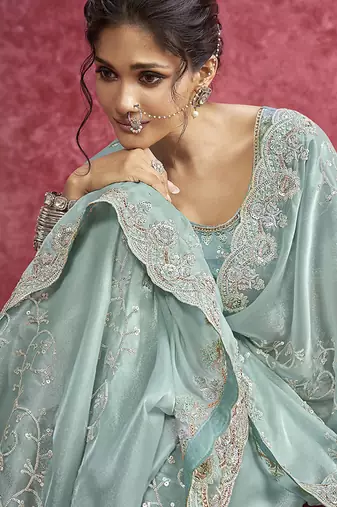 Sky blue satin silk blend embroidered work saree