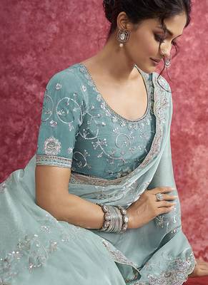 Sky blue satin silk blend embroidered work saree 3