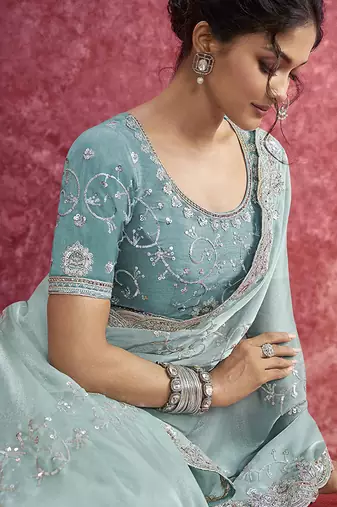 Sky blue satin silk blend embroidered work saree