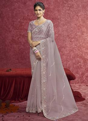 Lavender crush silk blend embroidered work saree 1