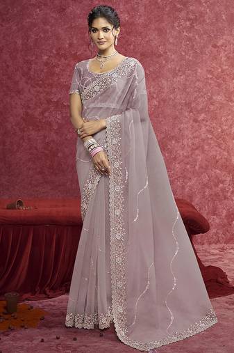 Lavender crush silk blend embroidered work saree