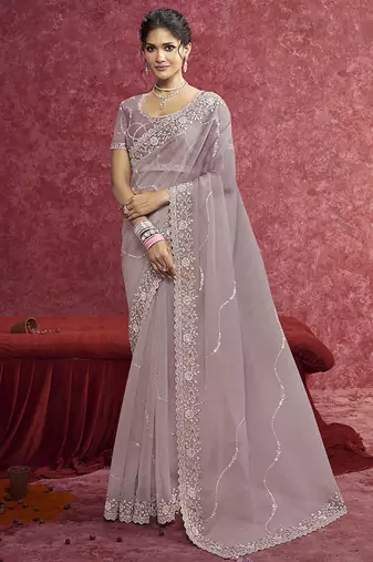 Lavender crush silk blend embroidered work saree