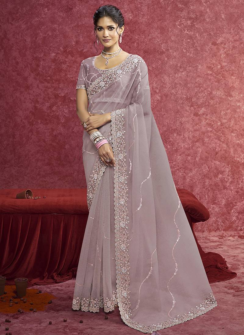 Lavender crush silk blend embroidered work saree