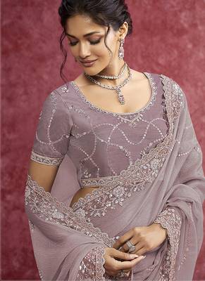 Lavender crush silk blend embroidered work saree 2