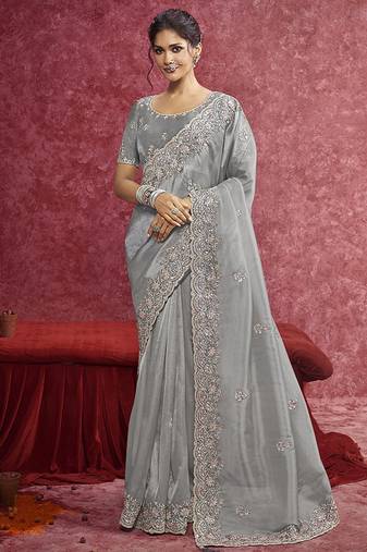 Grey silk blend embroidered work saree