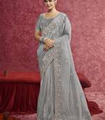 Grey silk blend embroidered work saree