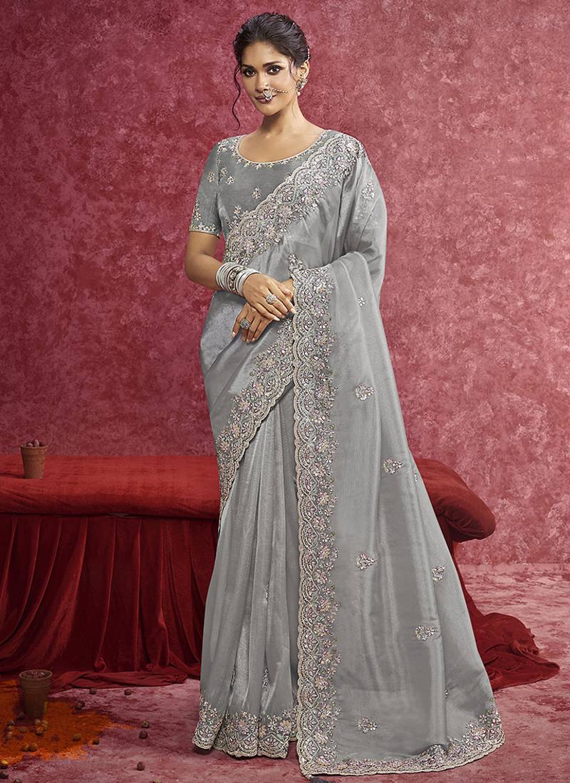 Grey silk blend embroidered work saree