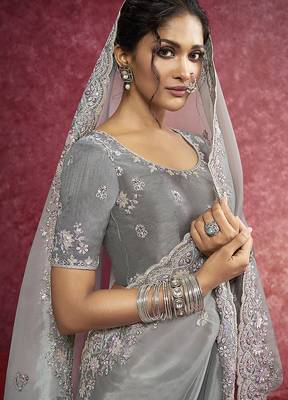 Grey silk blend embroidered work saree 2