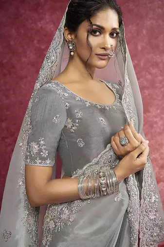 Grey silk blend embroidered work saree