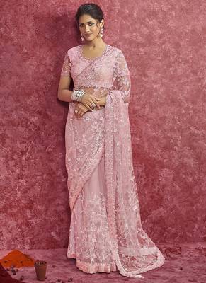 Pink net embroidered work saree 1
