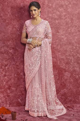 Pink net embroidered work saree