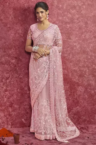 Pink net embroidered work saree