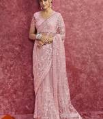 Pink net embroidered work saree