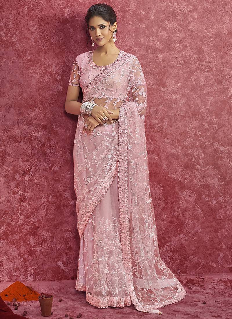 Pink net embroidered work saree