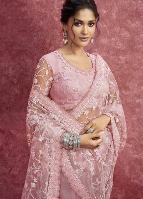 Pink net embroidered work saree 2