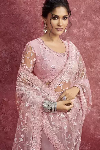Pink net embroidered work saree