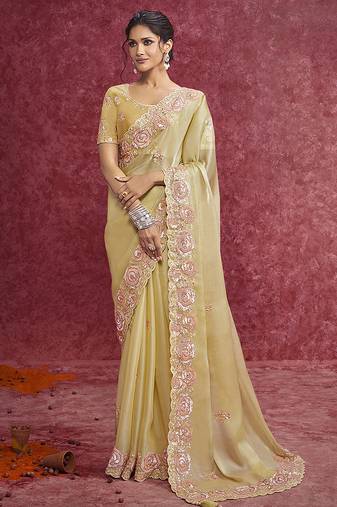 Pastel yellow satin silk blend embroidered work saree