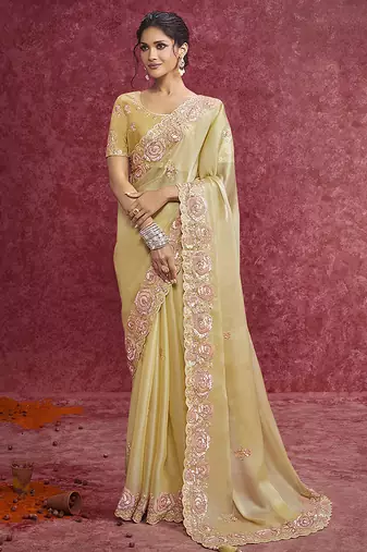Pastel yellow satin silk blend embroidered work saree
