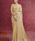 Pastel yellow satin silk blend embroidered work saree