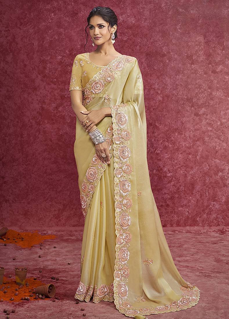 Pastel yellow satin silk blend embroidered work saree