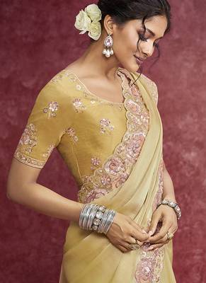Pastel yellow satin silk blend embroidered work saree 2